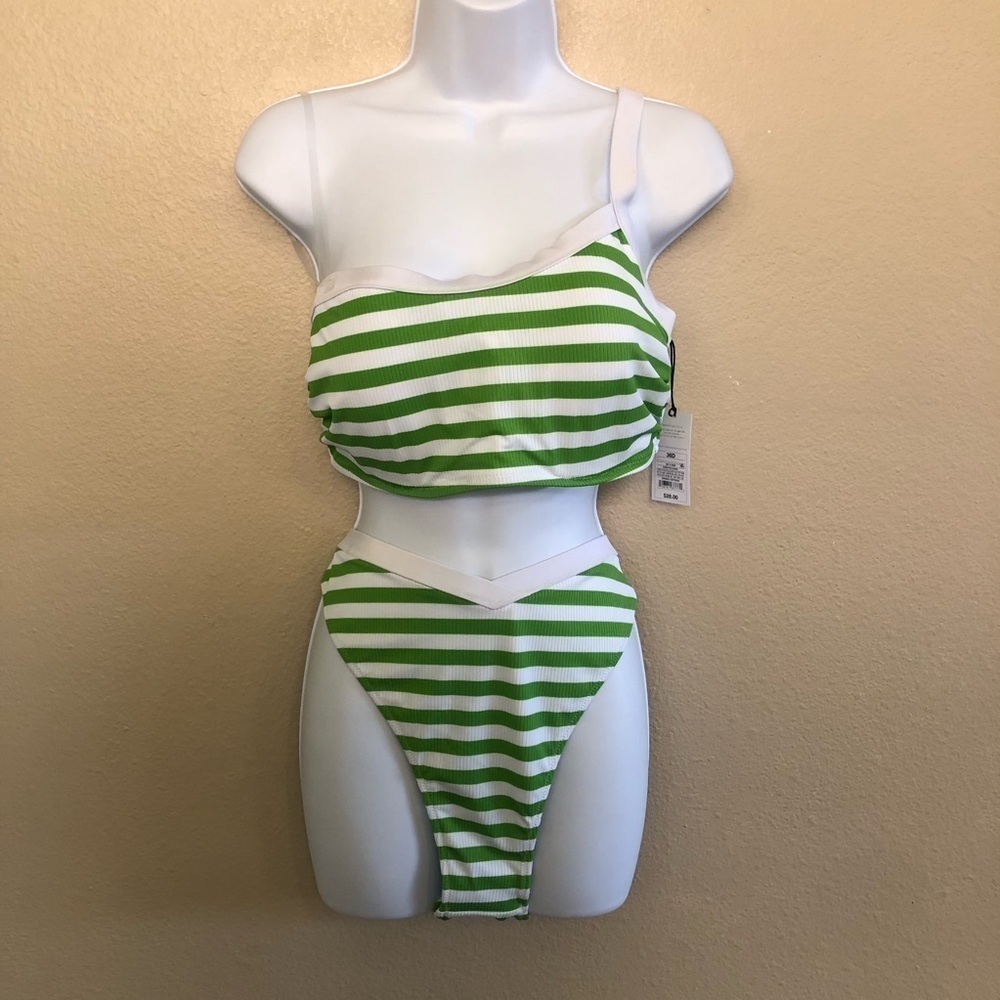 Shade & Shore Underwire Ribbed One Shoulder Striped Bikini Set Size 36D/XL